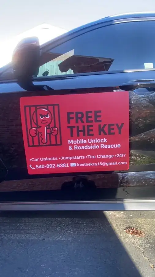Free The Key vehicle magnet listing car unlocks, jumpstarts, tire change and 24/7 service